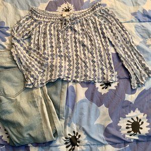 Forever21 BLUE/WHITE PAISLEY OFF SHOULDER BLOUSE